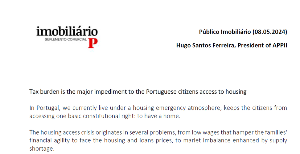 Tax burden is the major impediment to the Portuguese citizens access to housing