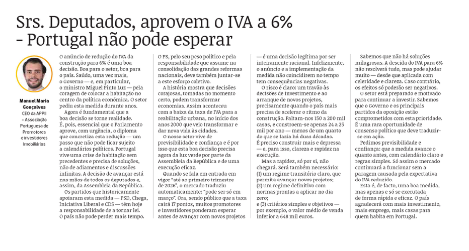 Srs. Deputados, aprovem o IVA a 6%