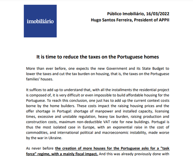 It is time to reduce the taxes on the Portuguese homes