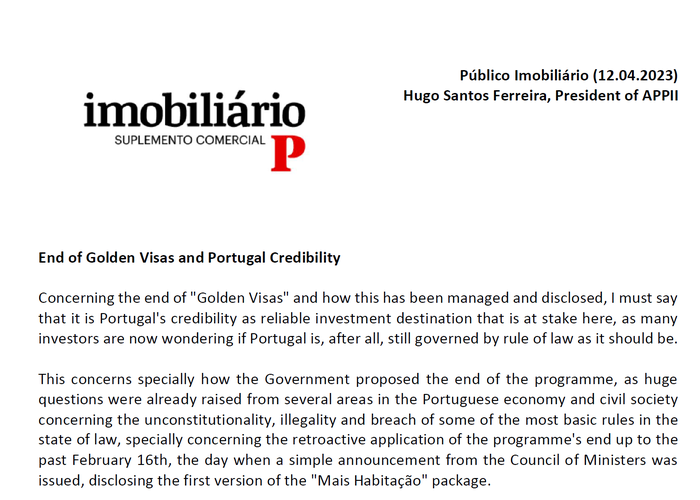 End of Golden Visas and Portugal Credibility