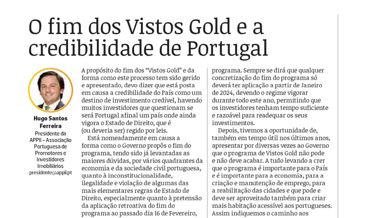 O fim dos Vistos Gold e a credibilidade de Portugal