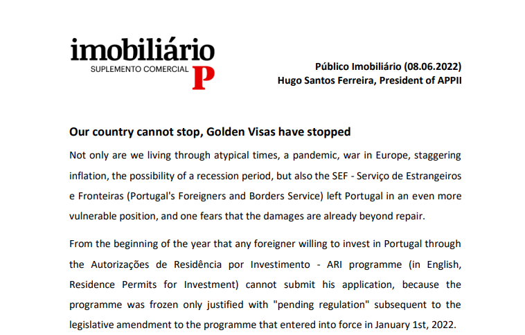 Our country cannot stop, Golden Visas have stopped